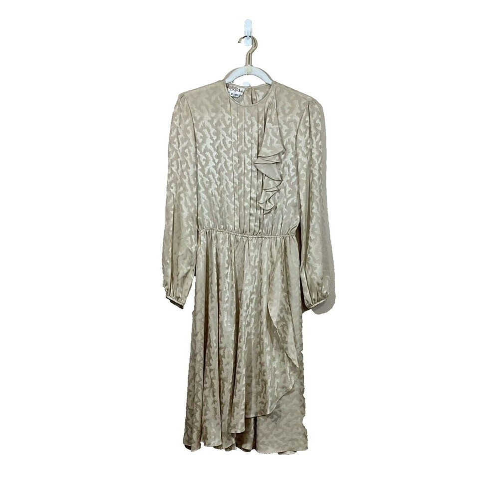 VTG Rina di Montella Womens Silk Faux Wrap Midi Dress 10 Beige 80s Glam Party
